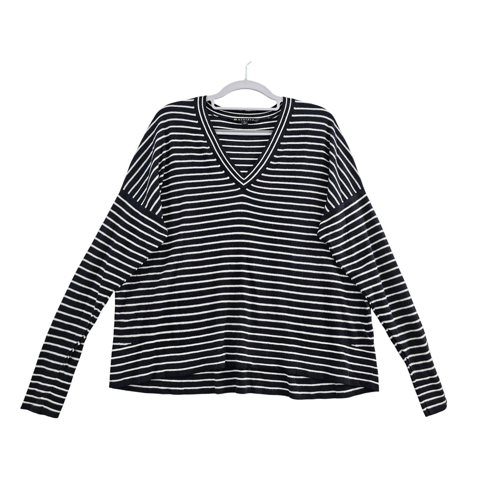Athleta Sweater Womens L Black White Striped Silk Cashmere V-Neck Pullover Knit